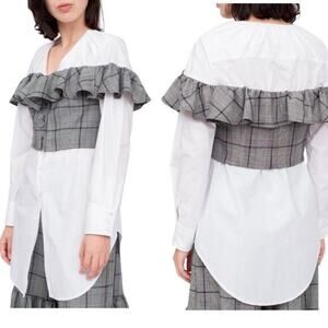 Sea New York White Shirt with Gray Plaid Ruffle Corset